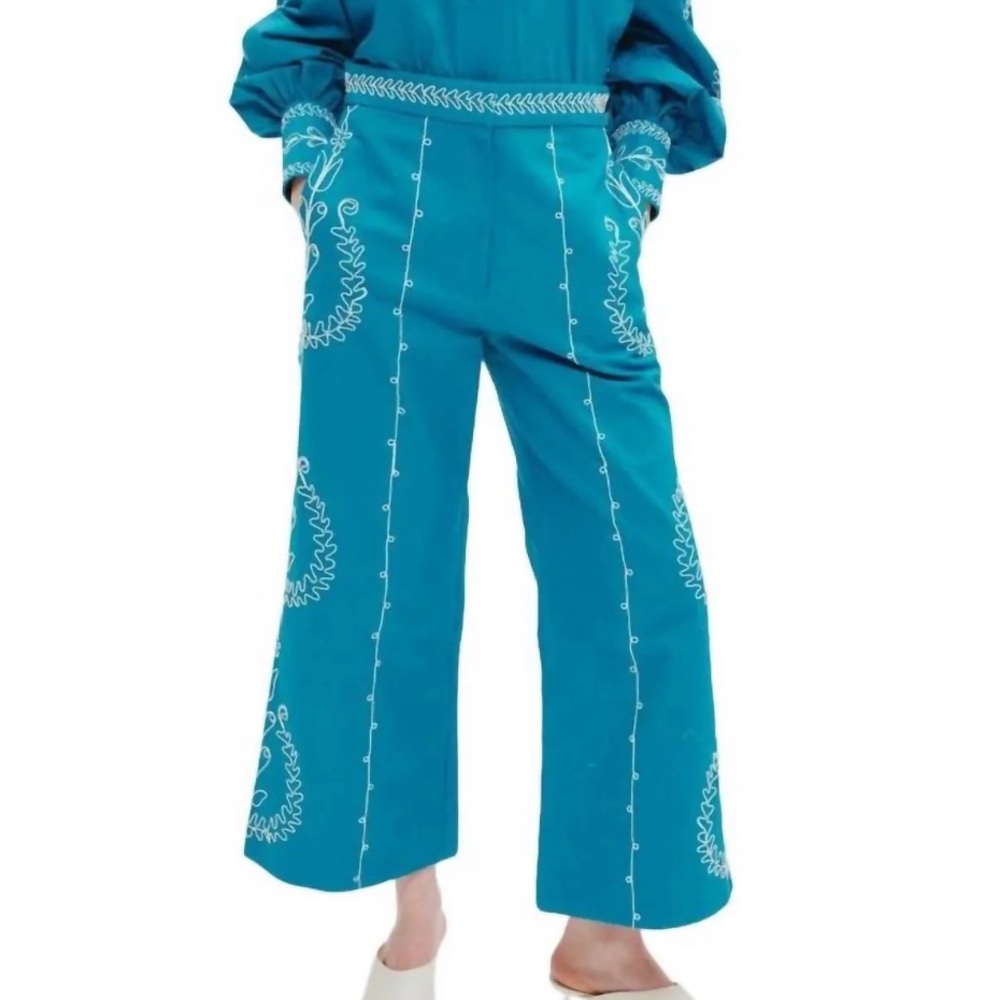 Alemais Teal Wide Leg Pants with White Embroidery